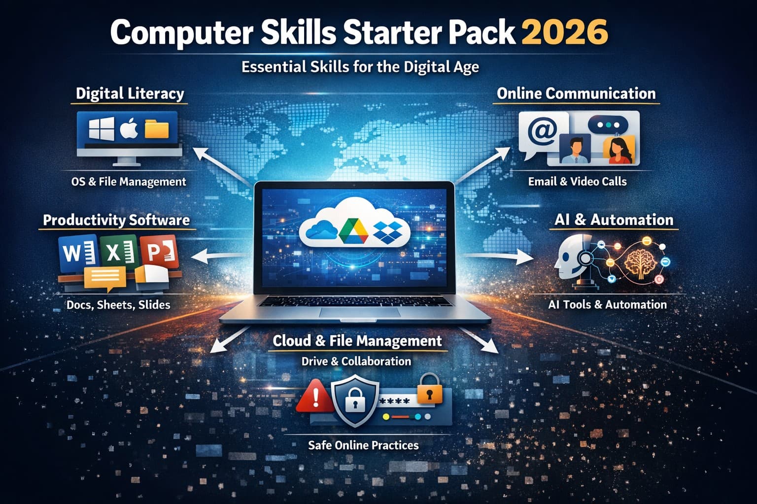 Person using laptop with cloud, AI, and productivity tools